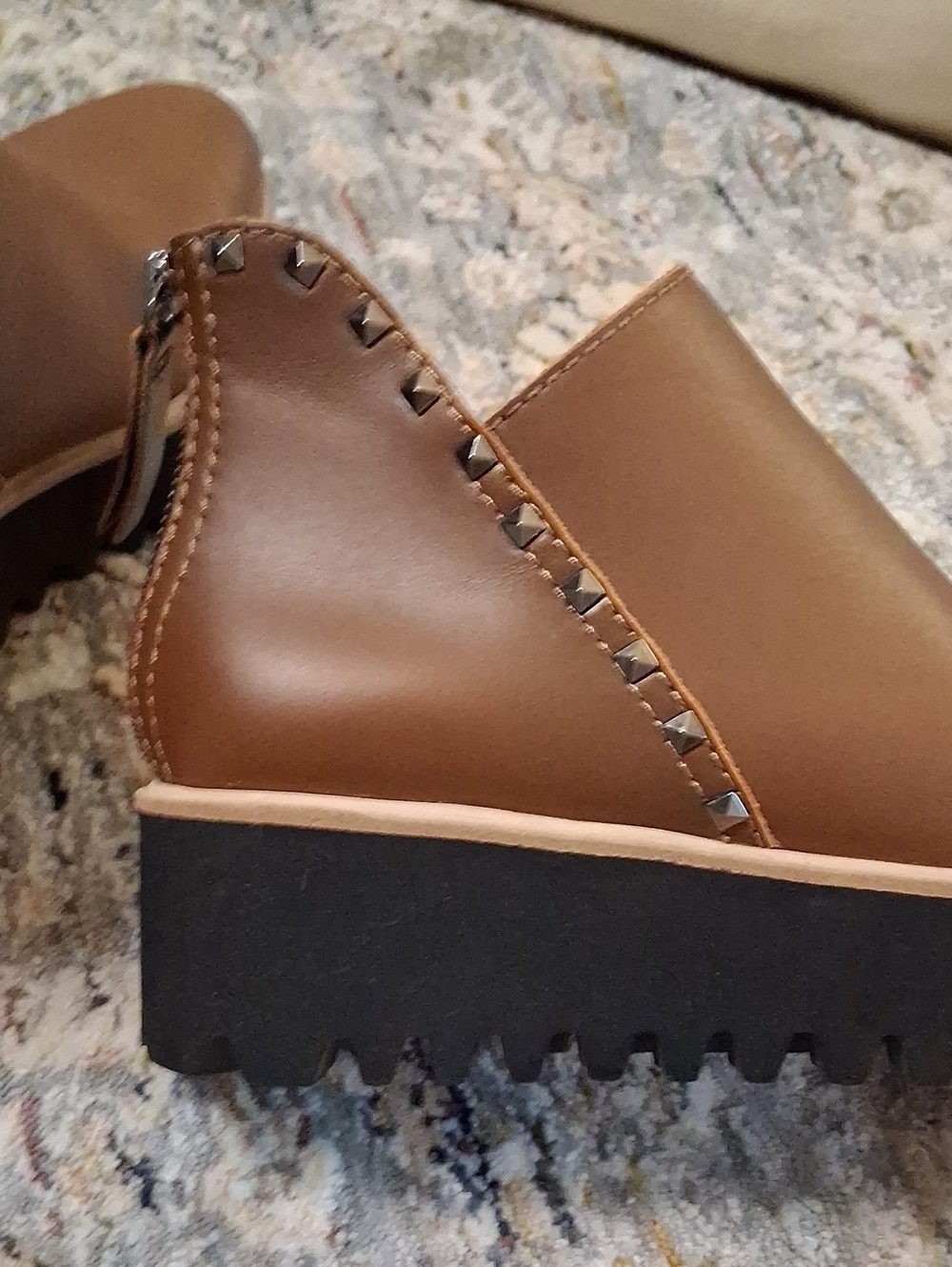 *All Black* Brown Leather Platform Ankle Boots with Stud Trim - Picture 3 of 6